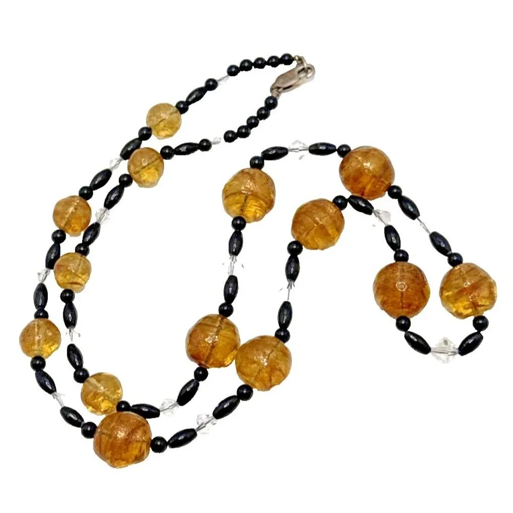 Lampwork Glass Bead Necklace Amber Black Crystal 925 Sterling Silver Clasp 26